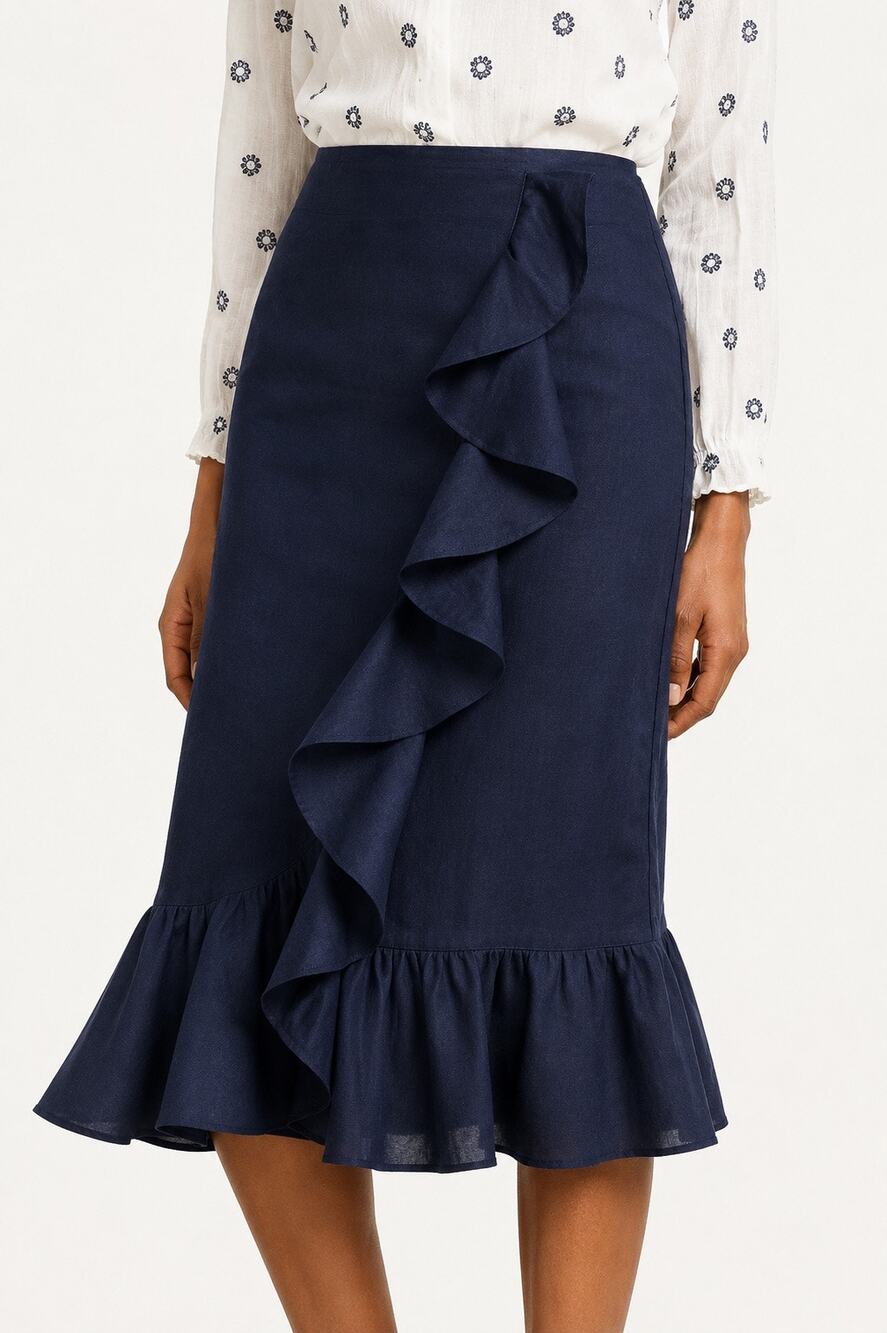Boden Navy Linen Ruffle Wrap Midi Skirt Flounce Hem US 2